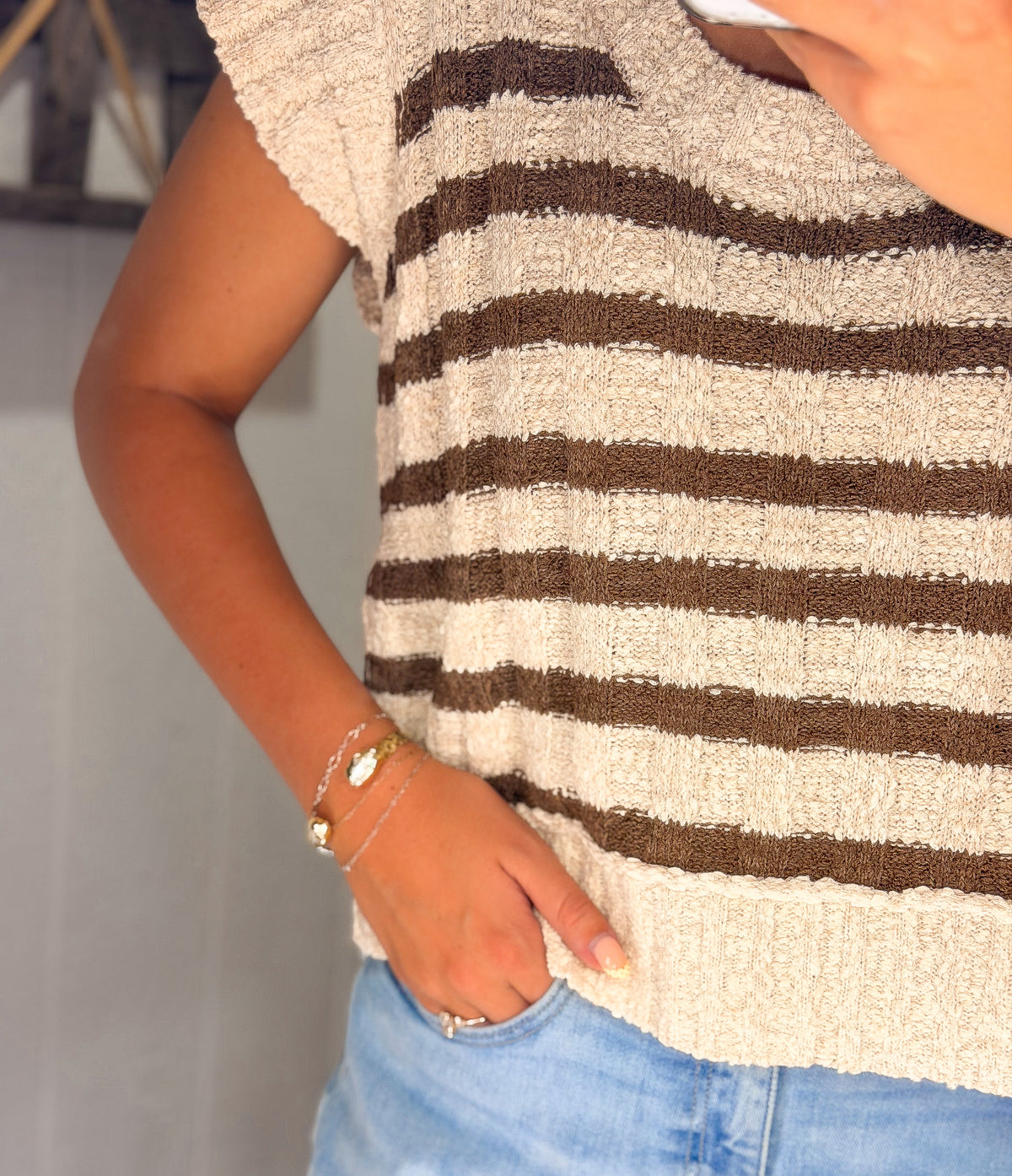 Lightweight Striped Knit Short Sleeve Sweater