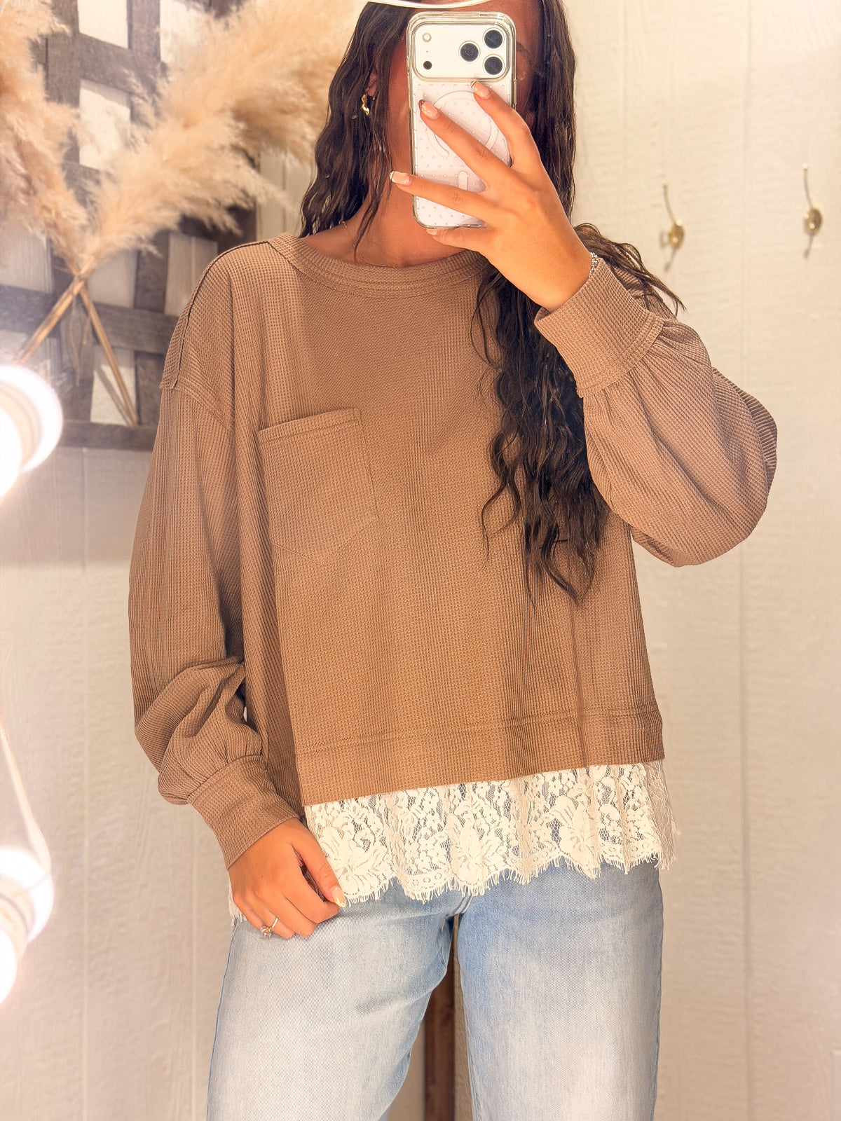 Lace Trim Thermal Knit Top