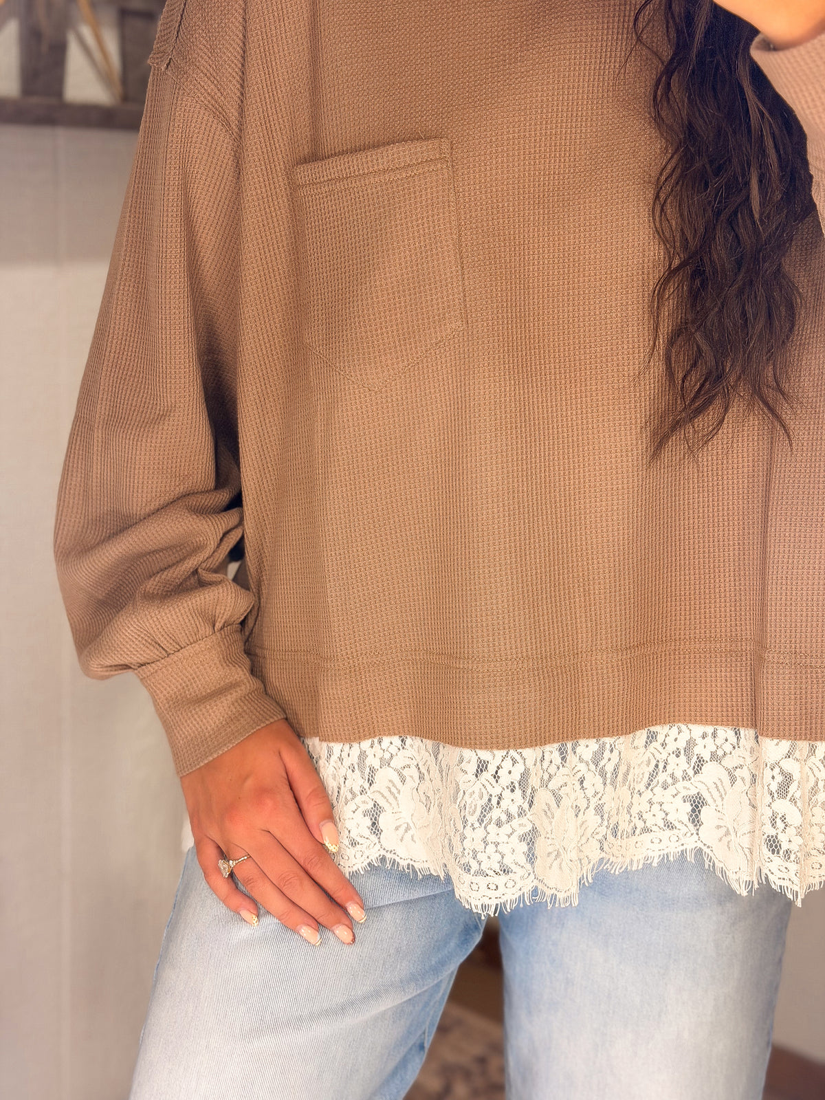 Lace Trim Thermal Knit Top