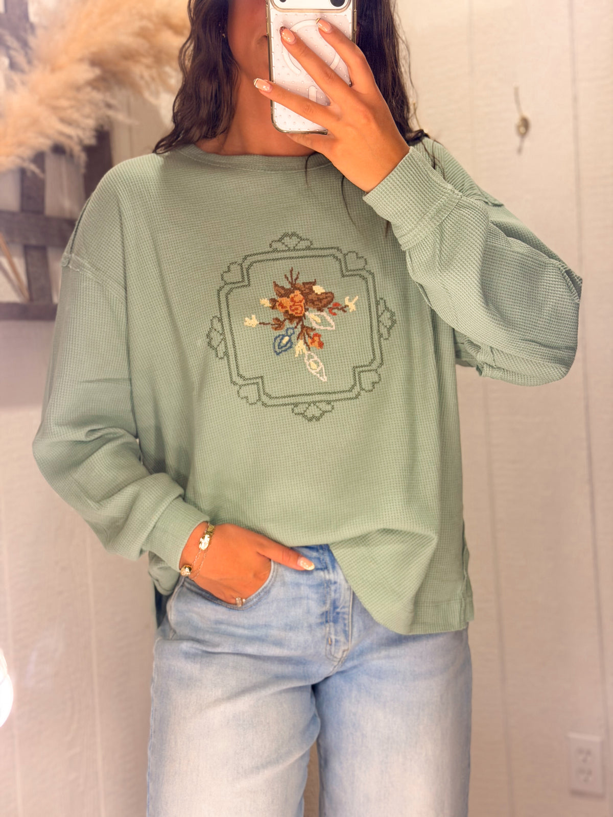Waffle Knit Embroidered Pullover