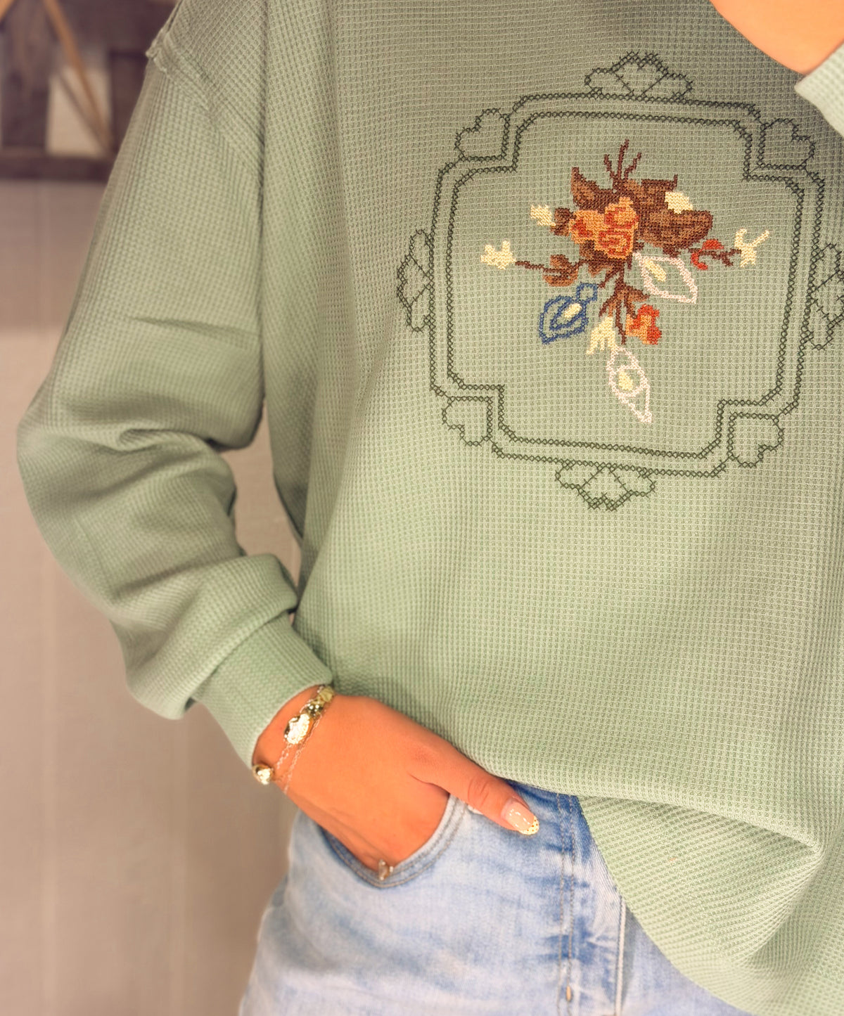 Waffle Knit Embroidered Pullover