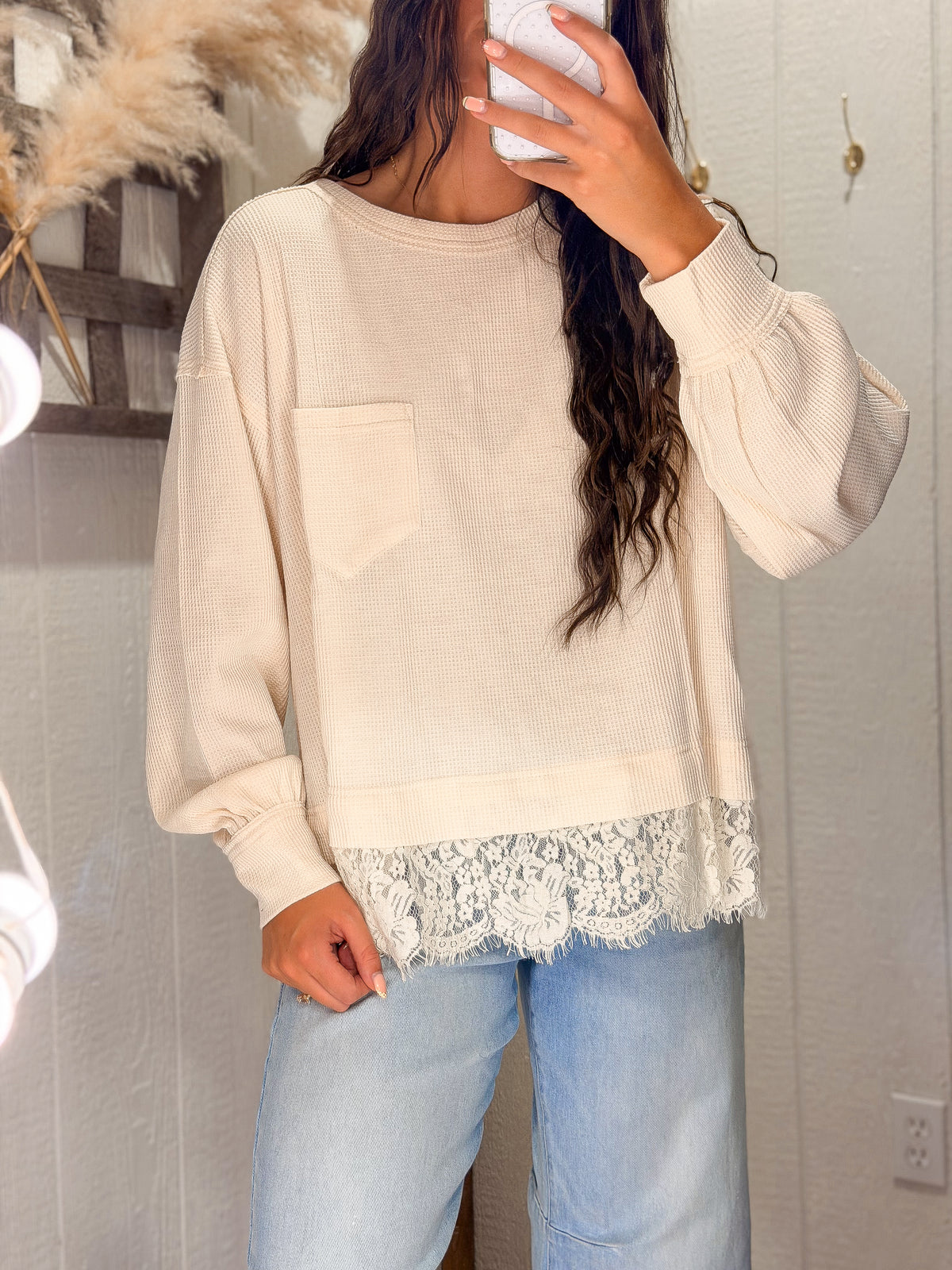 Lace Trim Thermal Knit Top