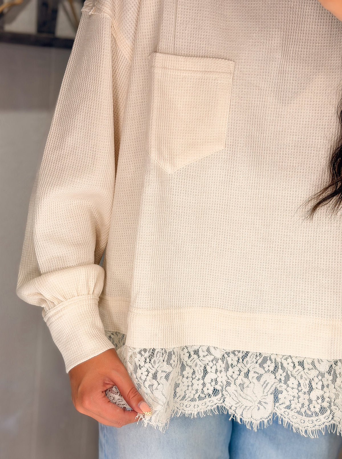 Lace Trim Thermal Knit Top