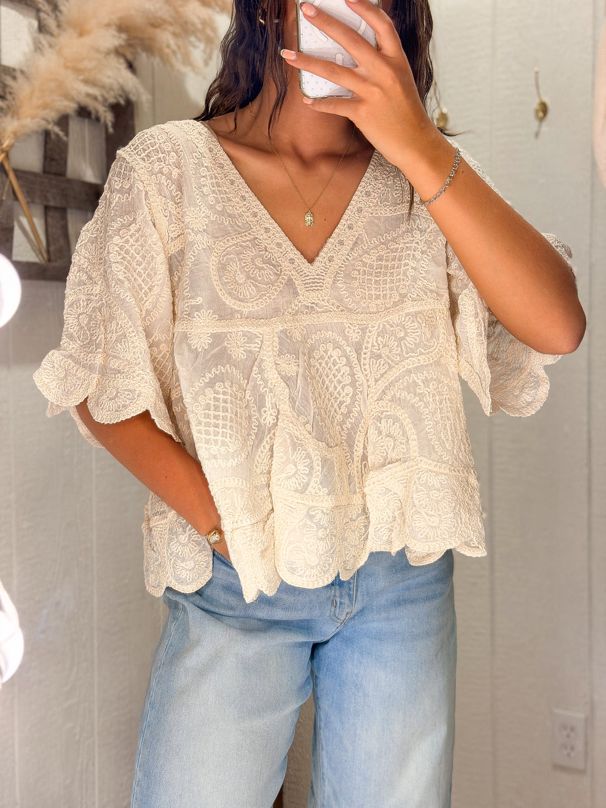 Short Sleeve V-Neck Vintage Washing Solid Crochet Top