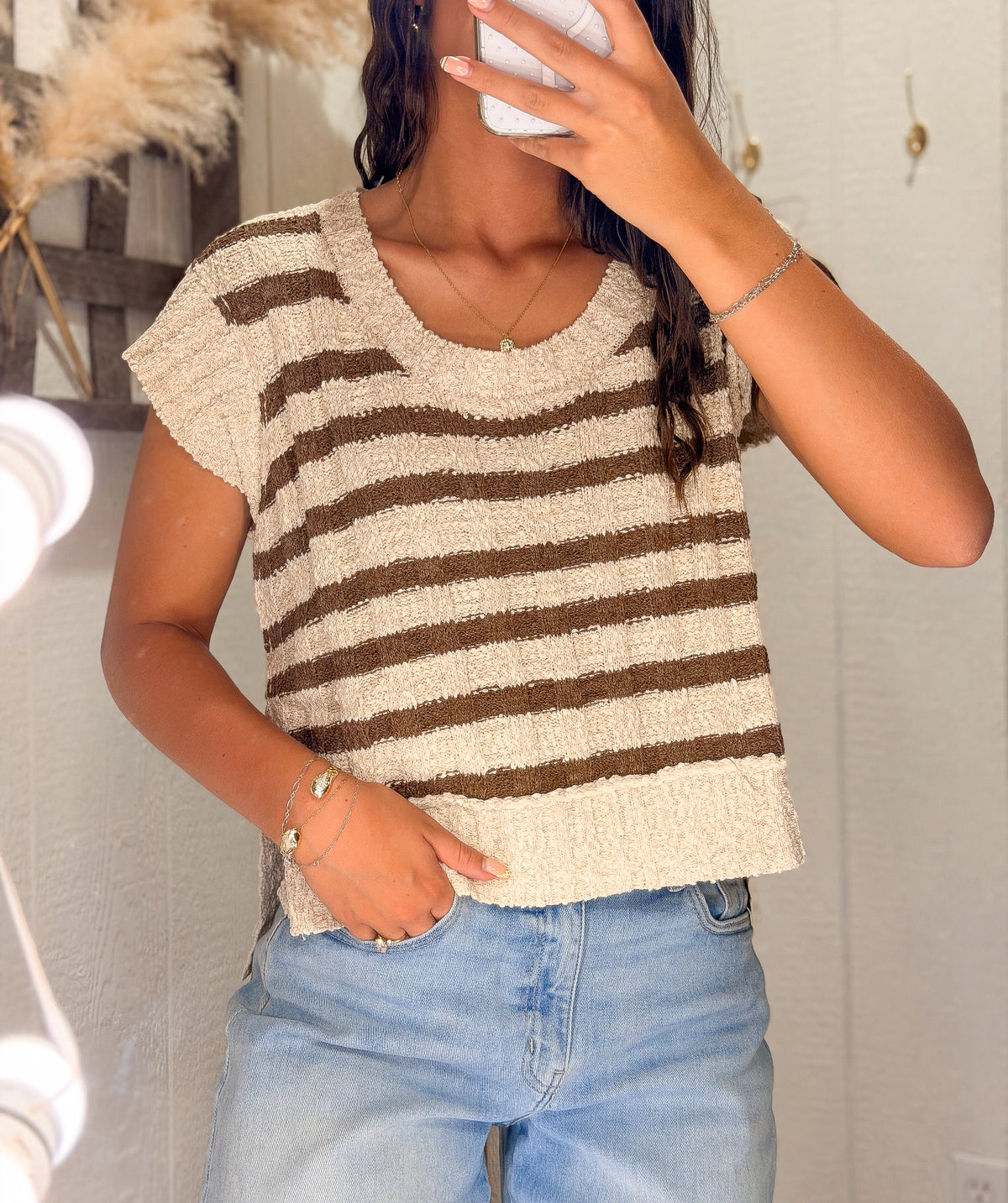 Lightweight Striped Knit Short Sleeve Sweater